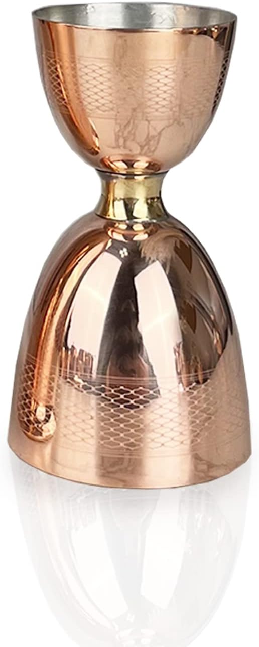 Coppermill Kitchen | Vintage Inspired Jigger | Authentic Copper & Brass | 1900s Art Deco Design | Engine Turn Pattern | Dual 2 oz & 1 oz Sides