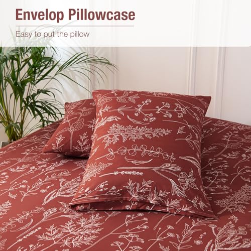 Image of Lekesky Floral Duvet Cover King Size, Deep Red Duvet Cover King Plant Flowers Pattern Bedding Set for All Season, Soft Breathable Duvet Cover with Zipper Closure & Corner Ties