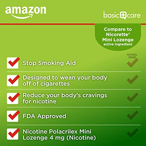 Image of Amazon Basic Care Mini Nicotine Polacrilex Lozenge, 4 mg, Citrus Flavor, Stop Smoking Aid, Reduces Withdrawal Symptoms, 81 Count