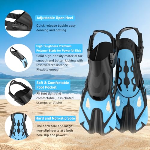 Snorkeling Gear Set for Adults – Dry Top Snorkel Set, Panoramic Anti-Fog Mask, Adjustable Swim Fins – Travel Diving Kit with Storage Bag