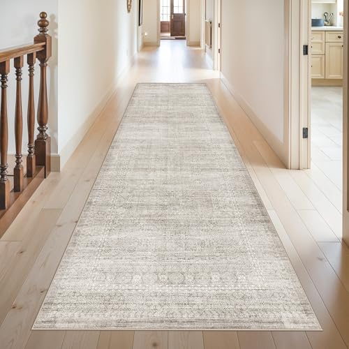 3x10ft Long Hallway Runner Rug: Non-Slip Washable Kitchen Floor Rug with Rubber Backing Modern Low Pile Thin Wide Carpet Runners for Bedroom Entryway Indoor Mat for Hardwood(3x10,Beige/Ivory)
