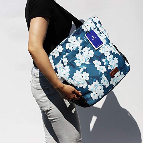 Original Floral Water Resistant Tote Bag Large Shoulder Bag with Multi Pockets for Gym Hiking Picnic Travel Beach Daily Bags (Navy white flower) - Thumbnail 7