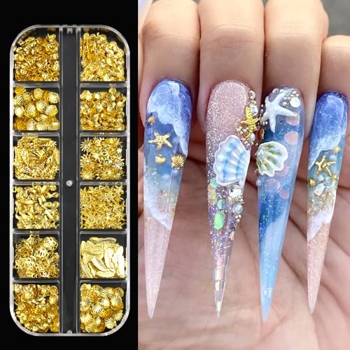 3D Metal Nail Art Charms 12 Styles Gold Shell Seahorse Starfish Conch Alloy Nail Rivets Studs Summer Ocean Beach Theme Metallic Jewelry for Women Girls DIY Crafts Manicure Decorations