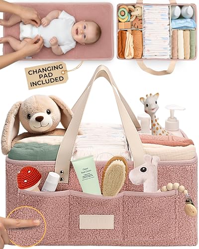 Image of Toodly Baby Diaper Caddy Organizer with Portable Changing Mat - Teddy Fleece Diaper Organizer for Changing Table - Basket for Changing Essentials - Baby Essentials Organizer with Removable Dividers