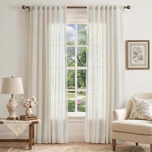 Image of jinchan Linen Curtains with Lace Trim Beige Curtains for Living Room 84 Inch Long Rod Pocket Rustic Curtains Semi Sheer Light Filtering Drapes Bedroom Dining Room Window Curtain Set 2 Panels