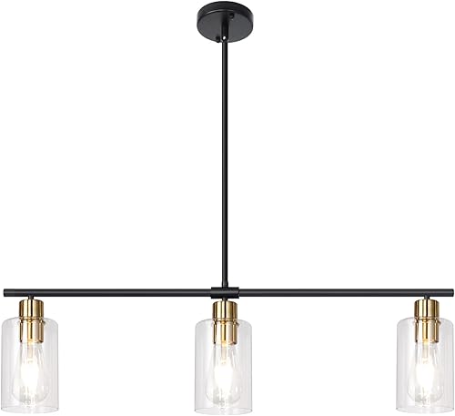 KMaiPem Iluminación de isla de cocina, lámpara lineal de granja de 3 luces, lámpara de comedor negra y dorada con pantallas de vidrio, luces