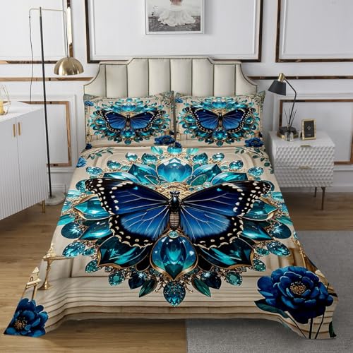 Castle Fairy Butterfly Bedspread Twin Size,Jewelry Print Fashion Bedding Coverlet for Kids Teens Bedroom Decor,Fashion Fluid Stripes Blue Bedding Set 2Pcs,1 Pillowcase