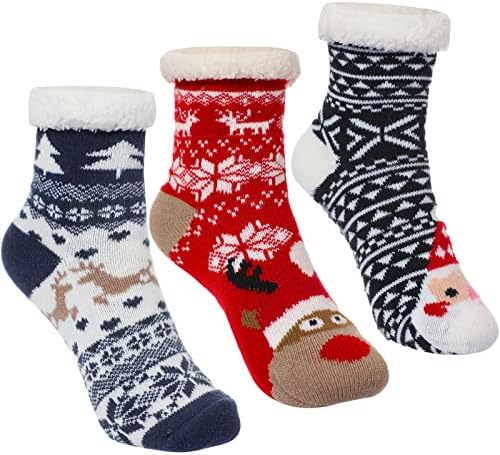Upenty 3 Pairs Christmas Slipper Socks For Kids Fuzzy Kids Slipper Socks With Non-Slip Grippers, Thick Fluffy Cute Kids Christmas Socks For Boys Girls, Cozy Indoor Winter Socks For 5-8, 9-12 Years