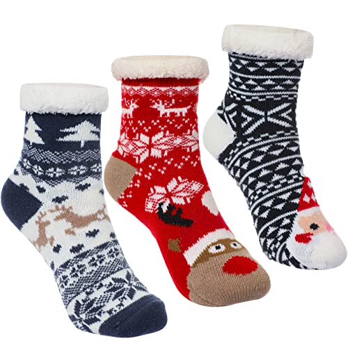 Upenty 3 Pairs Christmas Slipper Socks For Kids Fuzzy Kids Slipper Socks With Non-Slip Grippers, Thick Fluffy Cute Kids Christmas Socks For Boys Girls, Cozy Indoor Winter Socks For 5-8, 9-12 Years #TOP2