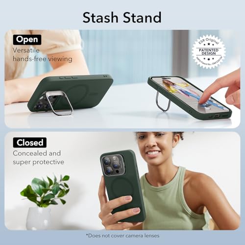 Image of ESR for iPhone 15 Pro Max Case, MagSafe Silicone Case with Stand, Military-Grade Protection, Built-in Camera Stash Stand, Magnetic Phone Case for iPhone 15 Pro max, Cloud Series,Green