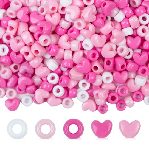 Valentine's Day Pony Beads, 1200pcs Assorted Pink Pony Beads and Heart Beads for Jewelry Making, Craft Beading for Home Decor Party DIY Crafts, Hair Beading (Pink, Light Pink, White)