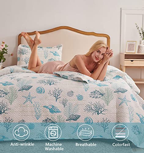 Chesity 3-Piece Ocean Quilts Set Full/Queen Size Beach Bedspread Lightweight Coastal Bedding Reversible Bedding Cover Nautical Coverlet Set Seaweed Coral Beach Conch Sheet(90"X90") #TOP1