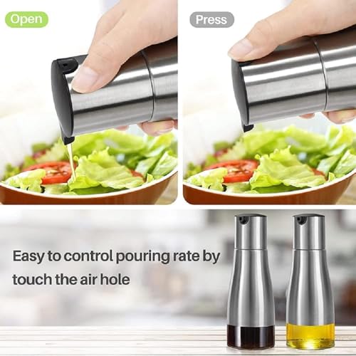 Image of 2-Pieces Olive Oil Dispenser Bottle | Glass & Stainless Steel Cruet with Drip-Free Spout | Perfect for Cooking Oil, Vinegar & Dressings | Leak-Proof Pourer for Kitchen, Home & Restaurant Use (310ML)