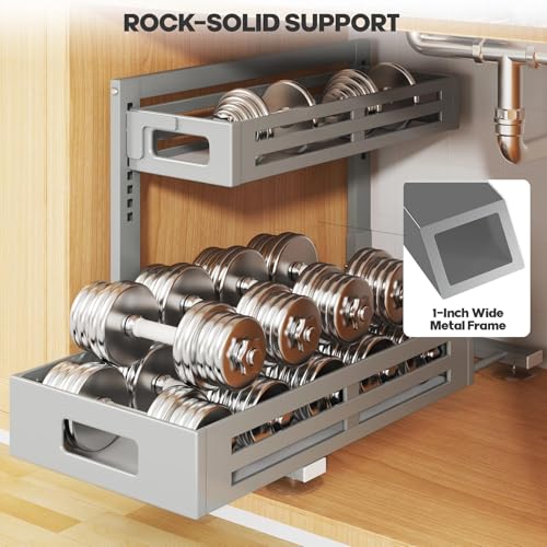 Image of 2 Pack 19IN-Depth Under Sink Organizer,Pull Out Cabinet Organizer With Smooth Cylindrical Rail,Metal Slide Out Drawer for Kitchen Bathroom Laundry,8-Level Tool Free Height Adjustable-Gun Gray