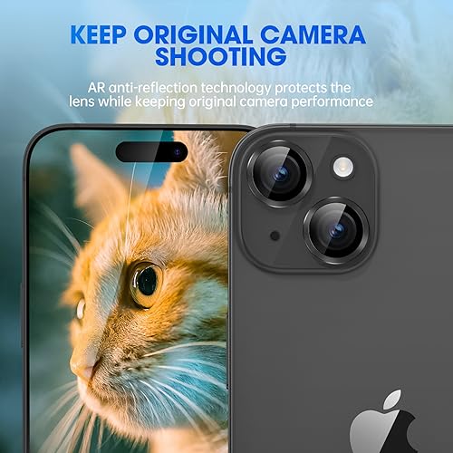 Image of Tempered Glass Camera Lens Protector Compatible For Iphone 15 /15 Plus, Individual Metal Ring 9H Hardness Scratchproof Protector, Stylish Accessories, Case Friendly (Black)
