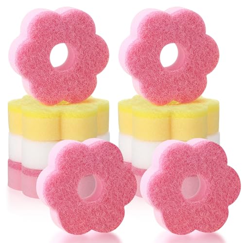 Image of Tioncy 12 Pack Pink Flowers Sponges Bulk Spring Kitchen Decor Dual Sided Scrubber Sponges Dishwashing Kitchen Cleaning Accessories for Household Supplies