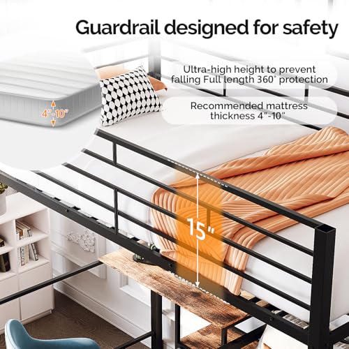 Image of VINGLI Twin Over Twin Bunk Bed with Desk, 15'' Extra High Guardrail Loft Bed with LED Lights,2 Charging Station,and 2 Storage Drawers,2 Deckers Bed,Metal Space Saving Platform Bed with Vanity,Black