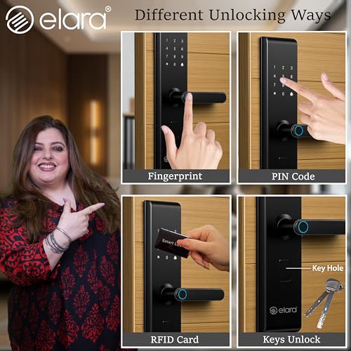 Image of Elara Echo Lite Basic Smart Door Lock - 6-in-1 Access: Fingerprint, Card, PIN, Keys & Non-WiFi, Black (2-Year Warranty)