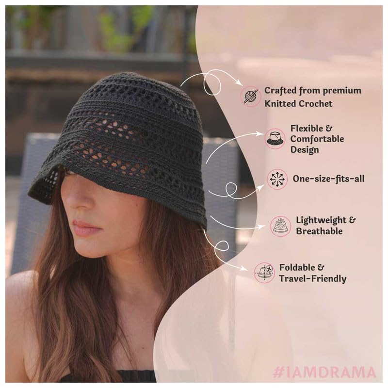 Image of Hair Drama Co. Crochet Bucket Hat for Women | Comfy & Casual Knit Handmade Foldable Floppy Hat | Summer Crochet Bucket Cap for Women & Girls