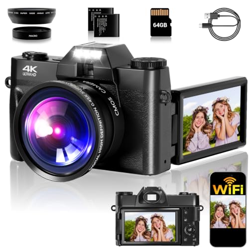 Image of SMARTKLIK Vlogging Camera, 4K 48MP Digital Vlogging Camera with 180 Flip Screen, 16X Digital Zoom, Wide Angle Lens, 2 Batteries & 64GB Micro SD Card (Black)
