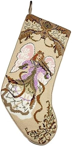 Peking Handicraft Angel with Violin Embroidered Christmas Stocking, 18-inch Length, Poly and Cotton Velvet, Holiday Seasonal Decoration