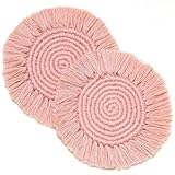 2 Pack Macrame Pink Coasters for Drinks, 7in Woven Boho Coaster Set, Handmade Absorbent Cotton Boho Coasters for Wooden Table Decor Boho Home Decor Housewarming Gift