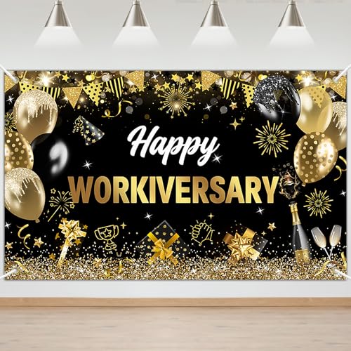 Mocsicka Work Anniversary Decorations Banner Happy Workiversary Backdrop Employee Appreciation Party Decorations Photo Booth Props (Black, 6x3.6ft)