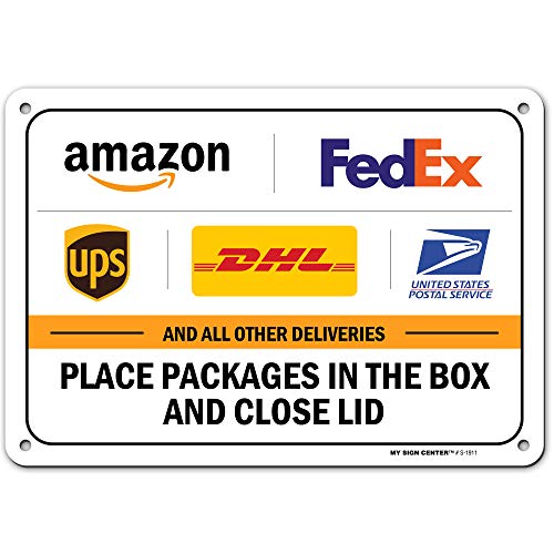 Package Delivery Sign, Instructions Amazon UPS FedEx USPS Delivery Box Sign, 7x10 .40 mil Industrial Aluminum, Easy Mounting, Rust-Free/Fade Resistance, Outdoor Use, USA Made by MY SIGN CENTER
