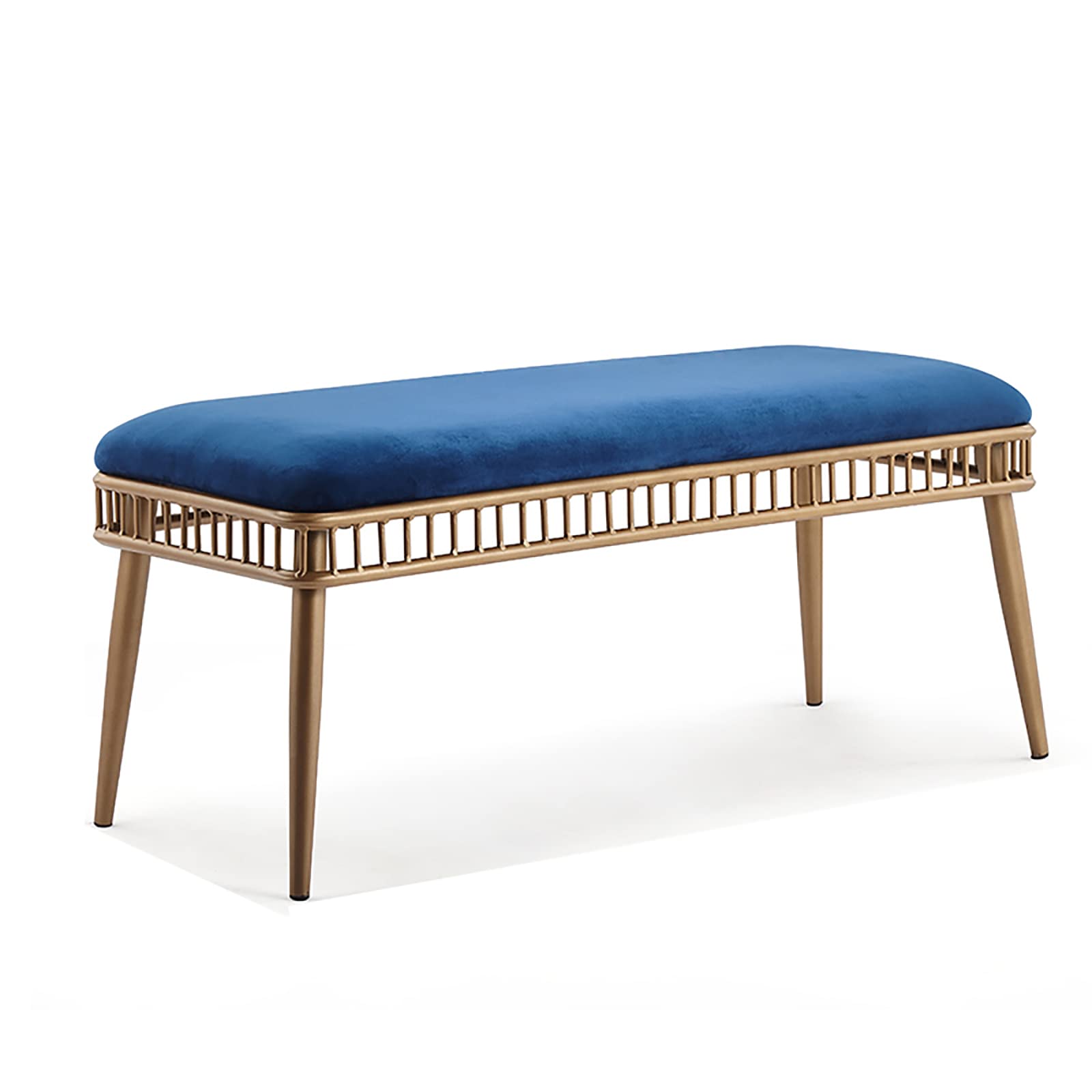 Banc ottoman en velours bleu 120cm avec pieds dorés pour bout de lit