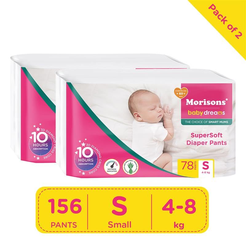 Image of Morisons* babydreams THE CHOICE OF SMART MUMS Morison babydream THE CHOICE OF SMART MUMS Super Soft Diaper Pant S 156 Count 78 Count Pack of 2