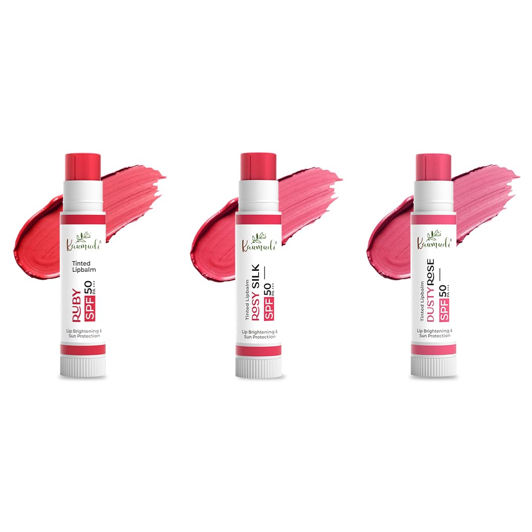 Kaumudi Brightening Tinted Lip Balm Combo | SPF 50 PA+++ In-Vivo Tested | Raspberry Seed Oil + Zinc Oxide + Kojic Acid | A2 Ghee & Rosehip Oil | No Petroleum Jelly No Paraffin | For Dark & Pigmented Lips | 3 Shades | (Ruby - Rosy Silk - Dusty Rose)-picture-25
