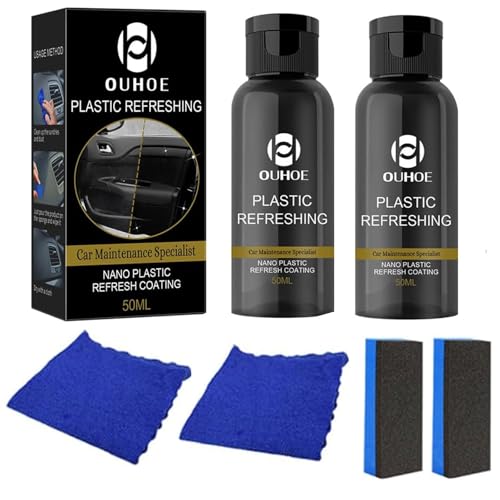 Wffeila Restauratore di plastica, riparatore e rinnovatore di plastica, agente di riparazione di parti in plastica, gomma e pelle per interni ed esterni, 2 x 50 ml con asciugamano + 2 spugne