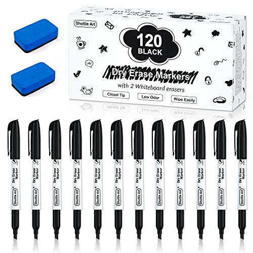 Image of Shuttle Art Dry Erase Markers, 120 Pack Black Whiteboard Markers with 2 Erasers,Chisel Tip Dry Erase Markers, Perfect For Writing on Whiteboards, Dry-Erase Boards,Mirrors for School Office Home