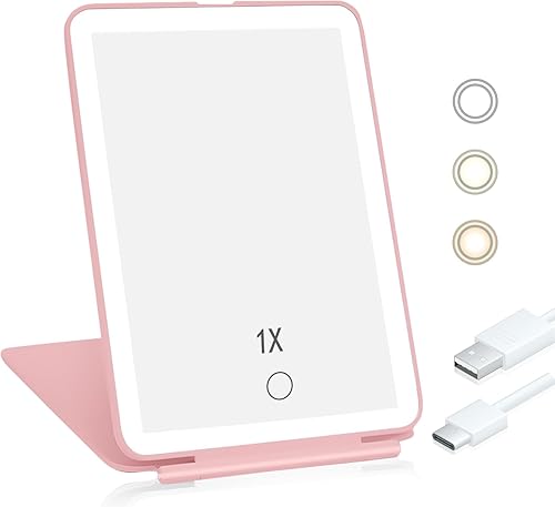 Espejo de viaje para maquillaje, espejo rosa recargable con 72 luces LED, baterías de 1000 mAh, 3 modos de luz de colores, espejo de escritorio
