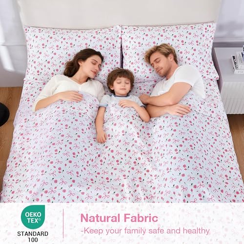 Image of Softan Pink Floral Queen Bed Sheets, Cozy Microfiber Flower Printed Sheets with 15 inch Deep Pocket Fitted Sheet & Non-Slip Straps, Patterned Pink Rose - Bow Sheets & Pillowcase Set