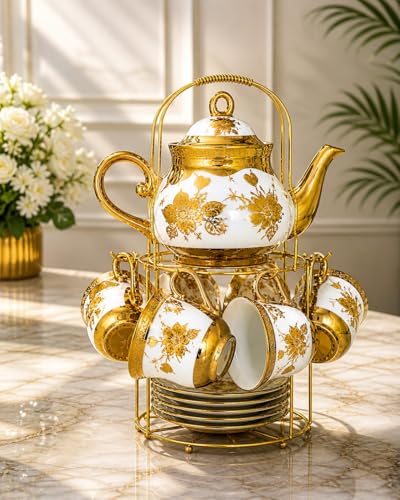Image of 13 Pcs Premium Floral Ceramic Tea Set with Stand | 1 Teapot with Lid, 6 Cups & 6 Saucers | Vintage Gold Finish Porcelain Tea Set for Home, Party & Gifting Tea Cup Saucer Set with Teapot