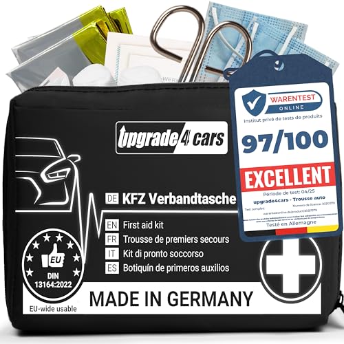 Upgrade4cars Botiquin de Primeros Auxilios para Coche, Casa, Viaje, Senderismo, etc. Bolsa Médica Completo 2025 Negro Caja Emergencia Portátil para toda Europa