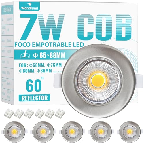 Wondlumi Juego de 6 Focos Empotrables LED de 7W, Set de Spots LED 230V Redondos de Acero Inoxidable Cepillado, Focos de Techo 4000K Blanco Neutro 600LM, Empotrables Ø65 85mm para Cocina.