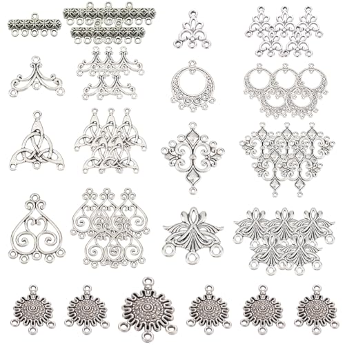 SUNNYCLUE 1 Box 54Pcs 9 Style Chandelier Connector Charms Component Links Alloy Hollow Filigree Pendants Flat Round Teardrop Triangle Shape for Jewellery Making Earring Supplies,Antique Silver
