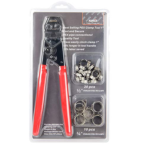 IWISS PEX Cinch Clamp Crimping Tool for Stainless Steel Clamps from 3/8-inch to 1-inch with Calibration Gauge 20pcs 1/2-inch and 10 pcs 3/4-inch Clamps Suit ASTM F2098 Standards