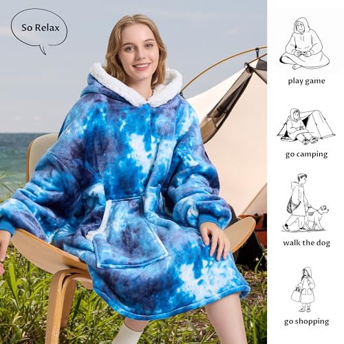 Kipswiza Wearable Blanket Hoodie, Oversized Cozy Warm Sherpa Fleece Hooded Blankets Sweatshirt - Gifts for Mom, Dad, Women, Men, Teens, Adult (Blue Tie Dye)