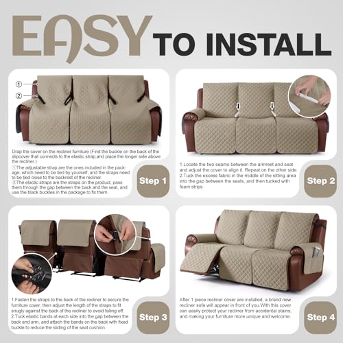 Image of KinCam Waterproof Recliner Sofa Cover, Non-Slip Reclining Couch Covers for 3 Seat, Recliner Couch Cover Furniture Protector with Elastic Straps for Pets, Kids, Khaki