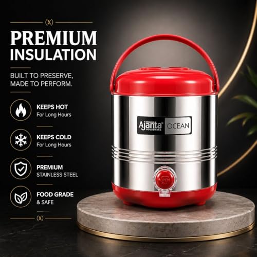Image of Ajanta Ocean8 Stainless Steel Water Cooler, Water Dispenser Hot & Cold, Thermosteel, PU Insulated, Portable, Travel Friendly, Water Jug for Offices, Shops, Picnics (Red, 5 litres)