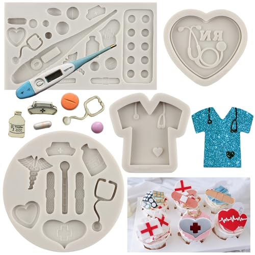 MYPRACS Medical Apparatus - Molde de silicona con temática de enfermera, fondant, sombrero de enfermera, estetoscopio, vendaje, termómetro, camiseta, chocolate, caramelos, molde para decoración de