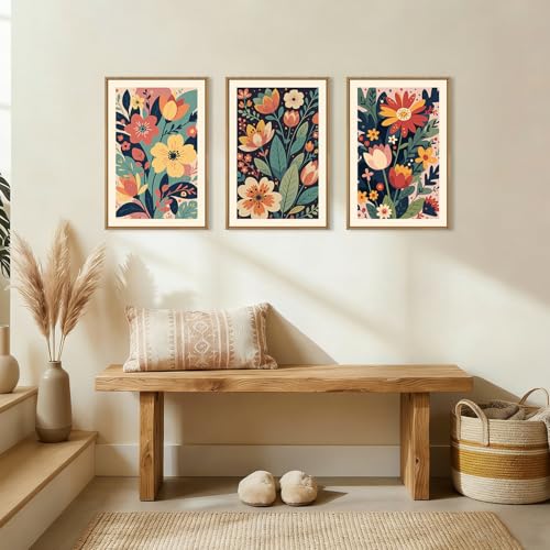 Image of KAIRNE Vintage Colorful Floral Framed Canvas Wall Art Set,Mid Century Modern Flower Wall Decor,Retro Wildflower Art Prints,Boho Botanical Artwork for Living Room,Bedroom,Farmhouse,Office-16 x24 x3
