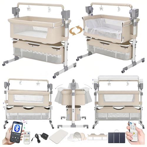 Doraystar Électrique Bluetooth Intelligent Lit Cododo Bebe, Convertible Cododo Berceau Bébé Co-Sommeil, Pliable Lit Bebe avec Matelas, Télécommande, Musique et 5...