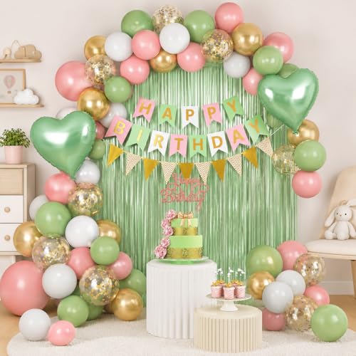 Image of Sage Green Pink Birthday Decorations,Olive Green Pink Birthday Balloons Set