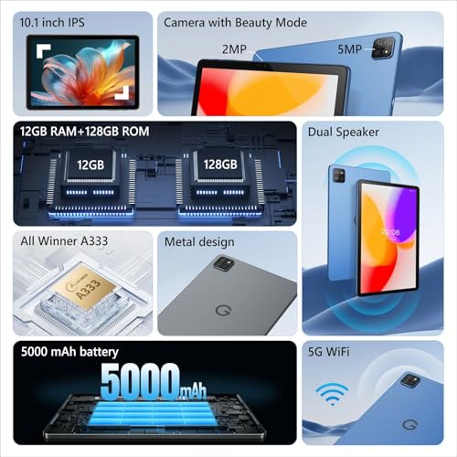 Image of G-tab T9 Pro Android Tablet 10.1 inch HD Display, 12GB RAM (4GB+8GB Expandable), 128GB Storage, Android 15, Allwinner A333 Quad-Core, 5000mAh Battery, 5G WiFi, Dual Camera, Blue