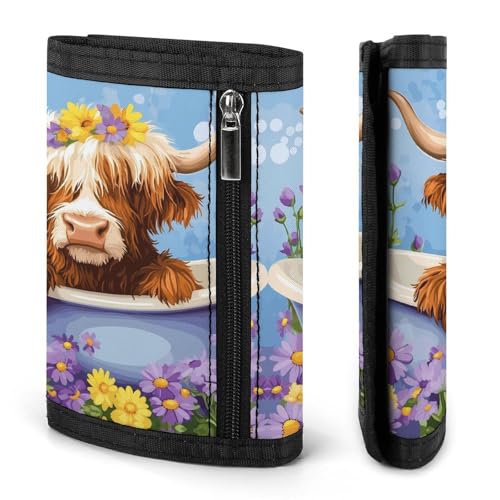 Highland Cow In Bathtub With Flowers Trifold Wallet Slim Coin Purse Card Holder with Keychain for Men Women3