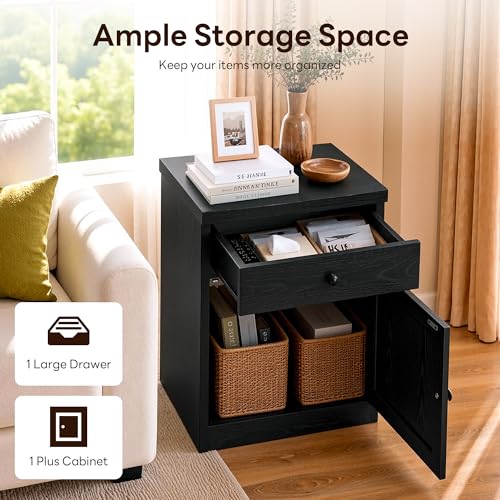 Image of LIKIMIO Modern Nightstand with Drawer & Cabinet, for Bedroom /Living Room